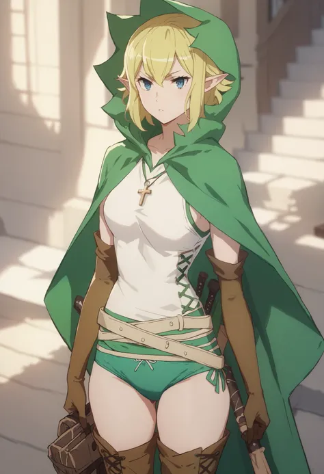 blonde hair, blue eyes, elf, ,ryuu green cloak, hooded cloak, cross-laced clothes, tank top, green panties, beige belt, elbow gloves, thigh boot,
