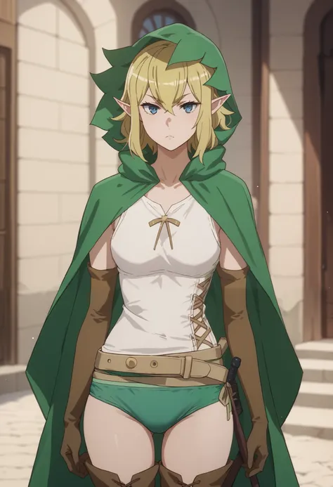 blonde hair, blue eyes, elf, ,ryuu green cloak, hooded cloak, cross-laced clothes, tank top, green panties, beige belt, elbow gloves, thigh boot,
