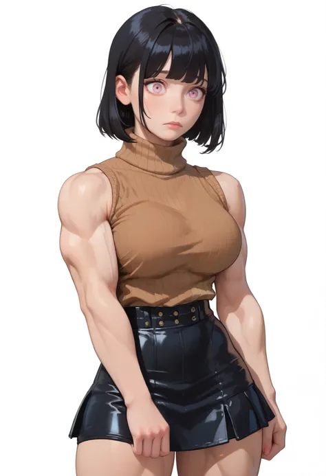 ((White background)) ((Russian girl)) (solo), 1 girl ,(30 years old), rathing_questionable (Brown sleeveless turtleneck sweater:1.4) (Black leather A-line mini skirt:1.2), (Short black hair with bangs), (narrow-eyed) pink eye ,((hyper muscular:0.6)) ((big ...