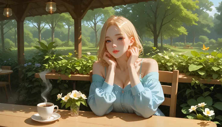 A small, charming café named "Melody Mood" nestled in a lush green forest. The wooden café is covered with creeping vines and blooming flowers. A soft golden glow emanates from the lanterns, creating a warm and inviting atmosphere. A woman sits alone at a ...