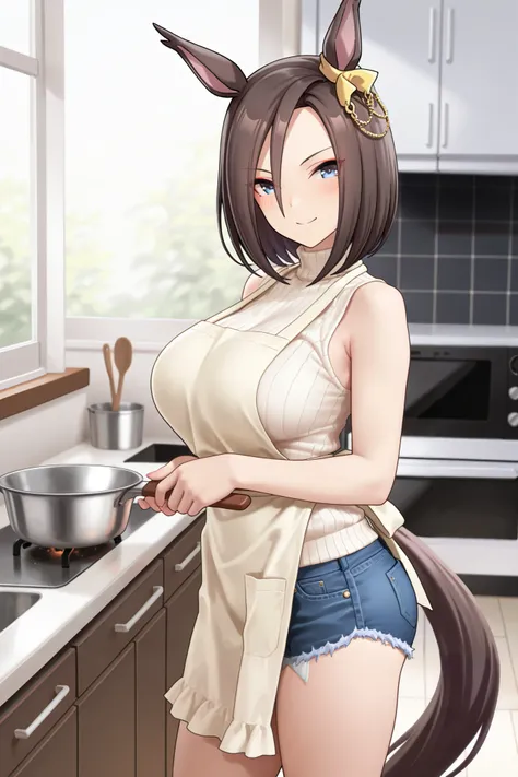 NSFW,masterpiece,Highest quality,high resolution,very detailed,Air Groove (umamusume),turtleneck sweater, sleeveless,denim shorts,apron,Kitchen, Smile