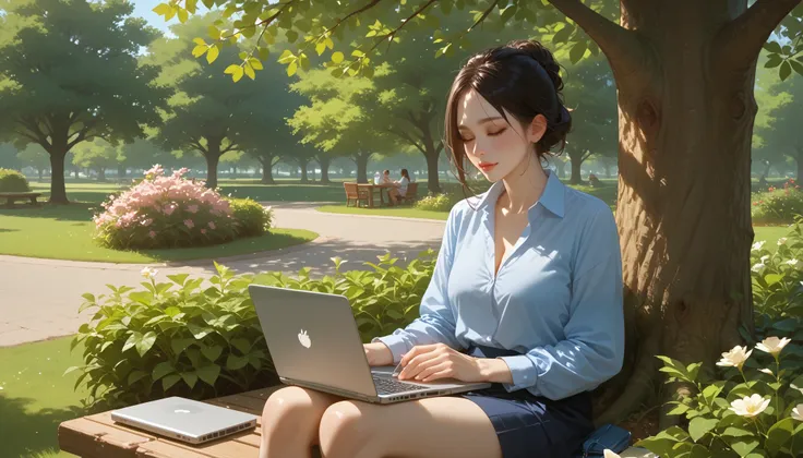 "A beautiful face and nice body, a woman sitting under a tree in a park, working on her laptop." She is wearing comfortable outdoor clothes, with a coffee tumbler beside her. The peaceful natural surroundings create a calming and focused work environment.
...
