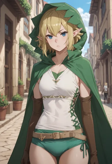 blonde hair, blue eyes, elf, ,ryuu green cloak, hooded cloak, cross-laced clothes, tank top, green panties, beige belt, elbow gloves, thigh boot,
