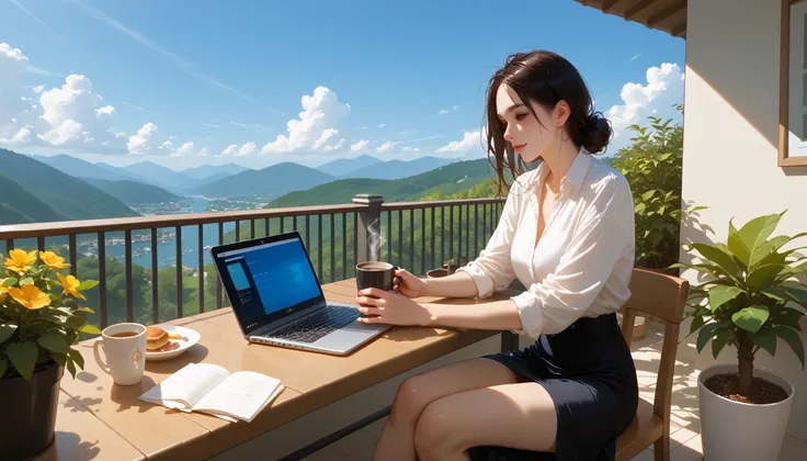 "A beautiful face and nice body, a woman sitting on a balcony, working on her laptop." She is dressed casually, with a cup of coffee on the table. The fresh air and scenic view create a refreshing and inspiring work environment.