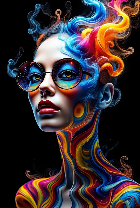 A striking portrait, rendered in the style of Epic Splatter Art and Alcohol Ink, depicting a model with an otherworldly aesthetic.  The model, appearing to be a young adult of mixed ethnicity with dark, expressive eyes, wears oversized, circular sunglasses...