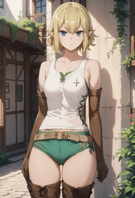 blonde hair, blue eyes, elf, ,ryuu, cross-laced clothes, tank top, green panties, beige belt, elbow gloves, thigh boot,
