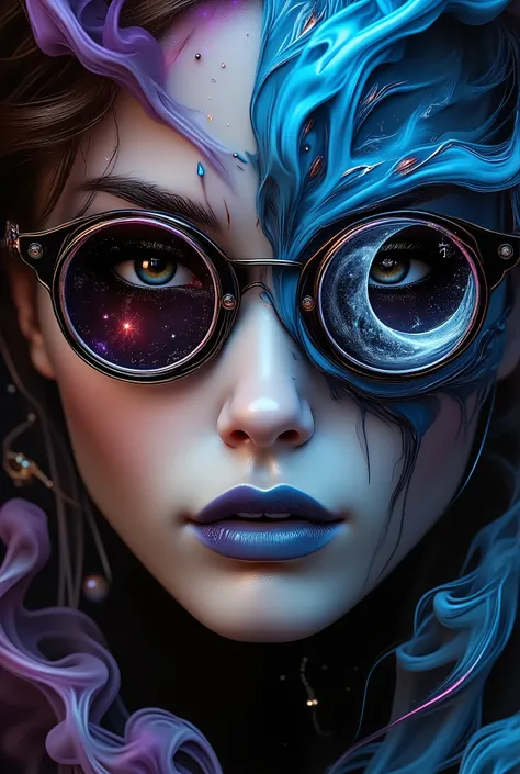 ((HALF PERSON)), A striking portrait, rendered in the style of Epic Splatter Art and Alcohol Ink, depicting a model with an otherworldly aesthetic.  The model, appearing to be a young adult of mixed ethnicity with dark, expressive eyes, wears oversized, ci...