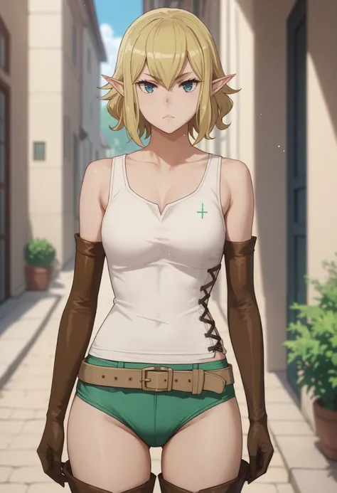 blonde hair, blue eyes, elf, ,ryuu, cross-laced clothes, tank top, green panties, beige belt, elbow gloves, thigh boot,
