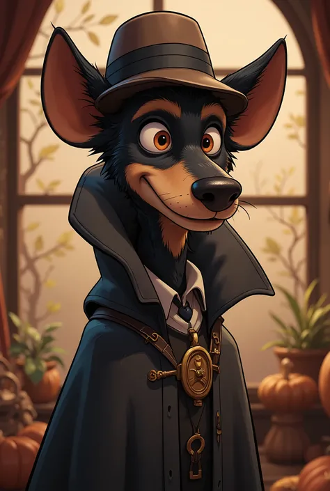2-D art, cartoon style, old-school Disney, hand drawing, (best quality, masterpiece:1.2), side view, anthropomorphic, a tall black Terrier dog with short hair wearing english cap & long cloak, detective, like a 1890s style, noire, simple lines, looking to ...