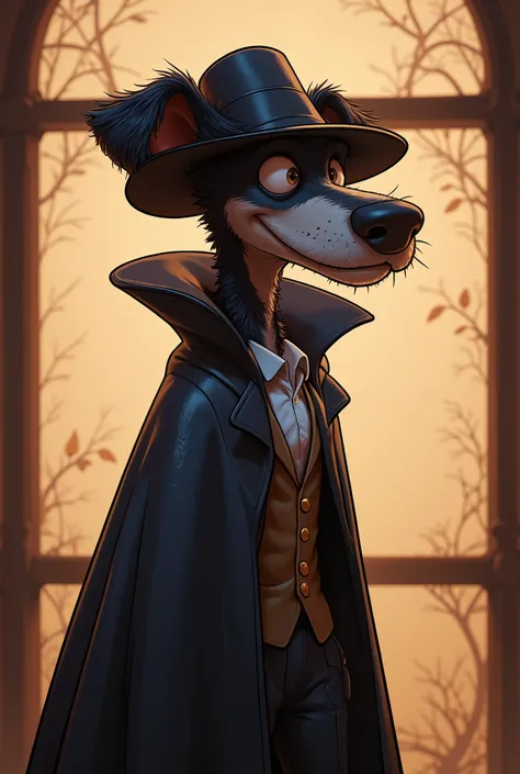2-D art, cartoon style, old-school Disney, hand drawing, (best quality, masterpiece:1.2), side view, anthropomorphic, a tall black Terrier dog with short hair wearing english cap & long cloak, detective, like a 1890s style, noire, simple lines, looking to ...