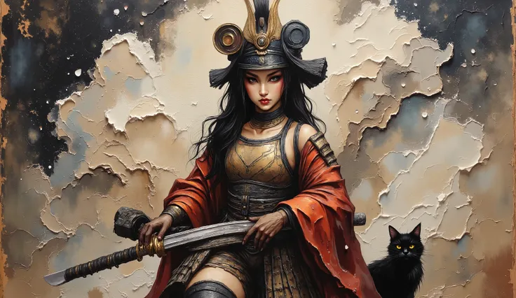 ((masterpiece:1.2)), (( top quality:1.2)), cyberpunk samurai girl , , ( wears samurai armor and helmets :1.2), (( long dark hair)), ((full body:1.6)), ((Equipped with a Japanese sword:1.5)), (dramatic pose:1.2), ([low angle:1.2), (underneath:1.2), ( Black...