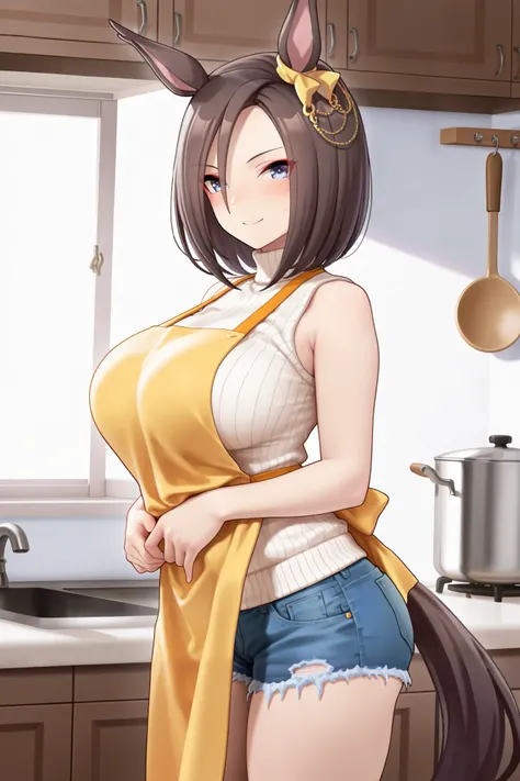 NSFW,masterpiece,Highest quality,high resolution,very detailed,Air Groove (umamusume),turtleneck sweater, sleeveless,denim shorts,apron,Kitchen, Smile