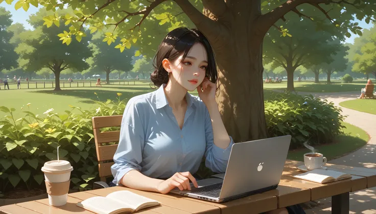 "A beautiful face and nice body, a woman sitting under a tree in a park, working on her laptop." She is wearing comfortable outdoor clothes, with a coffee tumbler beside her. The peaceful natural surroundings create a calming and focused work environment.
