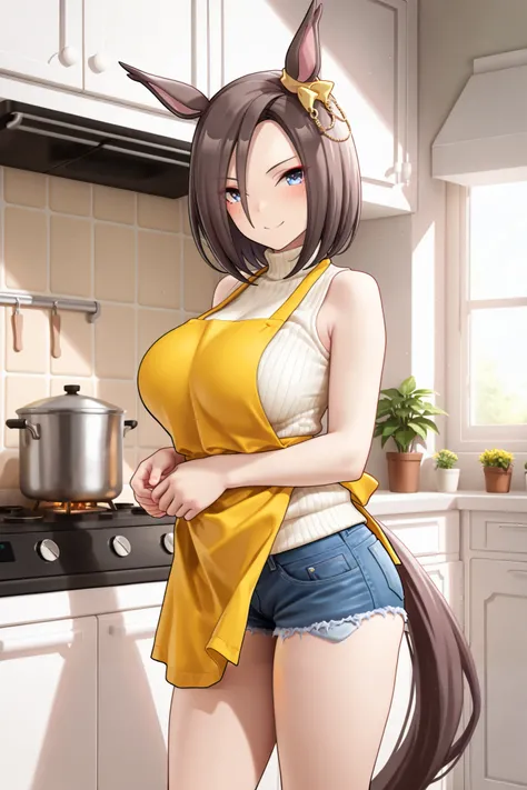 NSFW,masterpiece,Highest quality,high resolution,very detailed,Air Groove (umamusume),turtleneck sweater, sleeveless,denim shorts,apron,Kitchen, Smile