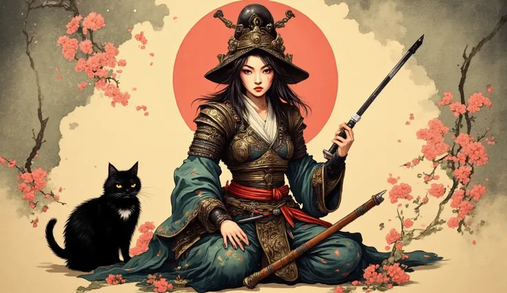 ((masterpiece:1.2)), (( top quality:1.2)), cyberpunk samurai girl , , ( wears samurai armor and helmets :1.2), (( long dark hair)), ((full body:1.6)), ((Equipped with a Japanese sword:1.5)), (dramatic pose:1.2), ([low angle:1.2), (underneath:1.2), ( Black...