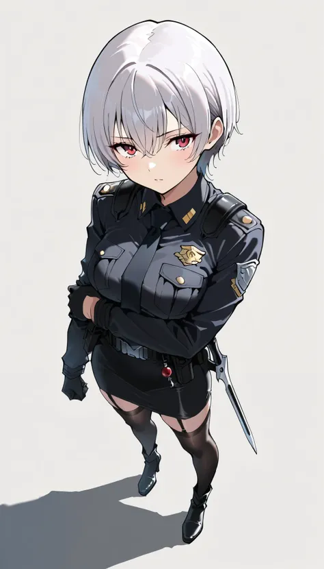 ((masterpiece)), (best quality), 1girl , Alone, simple background, temptation, delicate face, handheld dagger , Battle Pose , full body, silver short hair, long sideburn, Disdainful Eyes, Black Stockings, Damaged black police uniform, medium breasts, st...