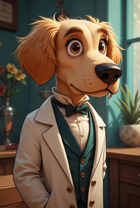 2-D art, cartoon style, old-school Disney, hand drawing, (best quality, masterpiece:1.2), side view, anthropomorphic, a Labrador Retriever dog with light hair wearing classic english costume & rubber medical gloves, doctor, like a 1890s style, noire, simpl...