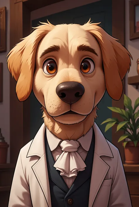 2-D art, cartoon style, old-school Disney, hand drawing, (best quality, masterpiece:1.2), side view, anthropomorphic, a Labrador Retriever dog with light hair wearing classic english costume & rubber medical gloves, doctor, like a 1890s style, noire, simpl...