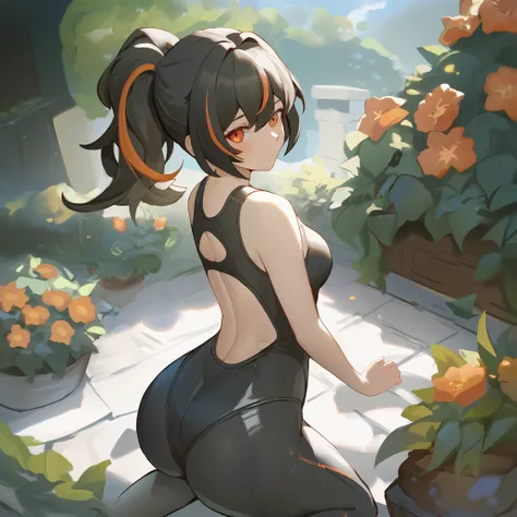 score_9, score_8_up, score_7_up, score_6_up, score_5_up, score_4_up, BREAK source_anime, 1girl, solo, outdoors, garden, cowboy shot, standing, looking at viewer, zhu yuan, orange eyes, black hair, long hair, streaked hair, ponytail,smilem blush, from behin...
