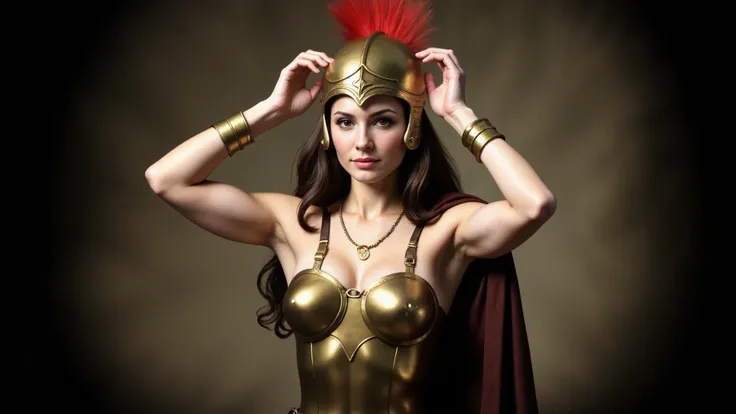 A fair-skinned brunette amazon warrior with an athletic build, wearing golden bronze armor. She has brown hair, a brown leather skirt, and a hazelnut-colored leather belt. She is holding an Athenian bronze helmet with a red crest above her head with both h...