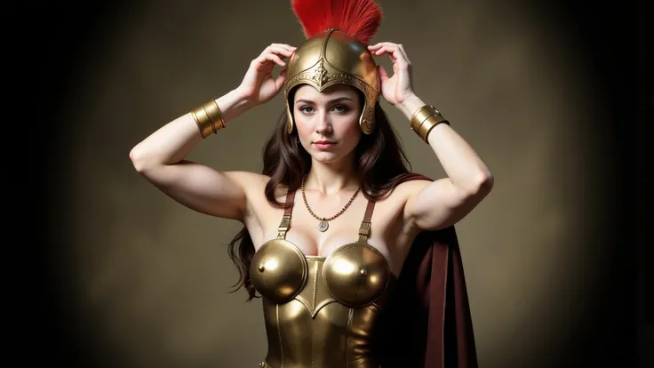 A fair-skinned brunette amazon warrior with an athletic build, wearing golden bronze armor. She has brown hair, a brown leather skirt, and a hazelnut-colored leather belt. She is holding an Athenian bronze helmet with a red crest above her head with both h...
