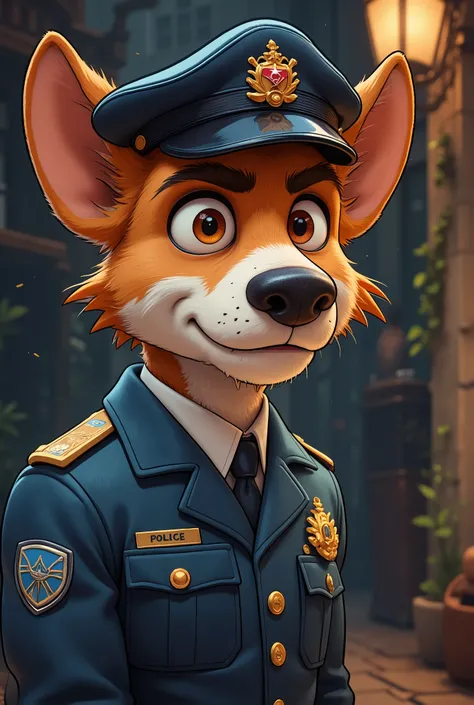 2-D art, cartoon style, old-school Disney, hand drawing, (best quality, masterpiece:1.2), side view, anthropomorphic, a Fox Terrier dog with short hair, wearing english police uniform, police inspector, like a 1890s style, noire, simple lines, looking to c...