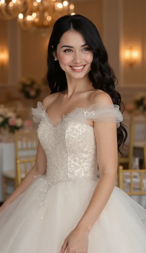 Award winning photo, HD, HDR, 16k 10bit, Woman, in her mid 20s, wearing a Cinderella dress, happy expression, smiling face, black long hair styled gracefully.  Inside a big wedding hall. Hall decorated with flowers and other amenities.