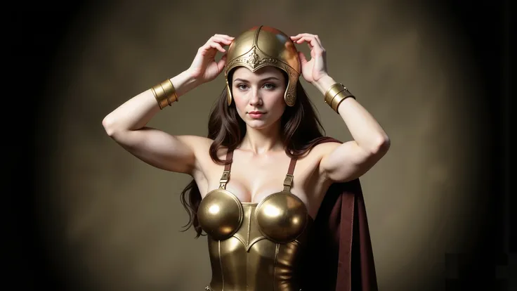A fair-skinned brunette amazon warrior with an athletic build, wearing golden bronze armor. She has brown hair, a brown leather skirt, and a hazelnut-colored leather belt. She is holding an Athenian bronze helmet with a red crest above her head with both h...