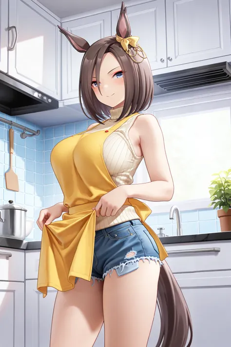 NSFW,masterpiece,Highest quality,high resolution,very detailed,Air Groove (umamusume),turtleneck sweater, sleeveless,denim shorts,apron,Kitchen, Smile