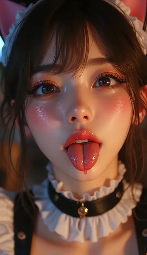 32K, Masterpiece, top quality, ( Japanese Beautiful Woman,Kawa 26 years old) 女性のtongueの接写ショット, fisheye shot,Lick the lens ,tongue出し,tongueを見せつける、 詳細なtongue、セクシーなtongue、超リアルな質感なtongue,close one eye, ( maid outfit, , Cat ear headband, The base color is ...
