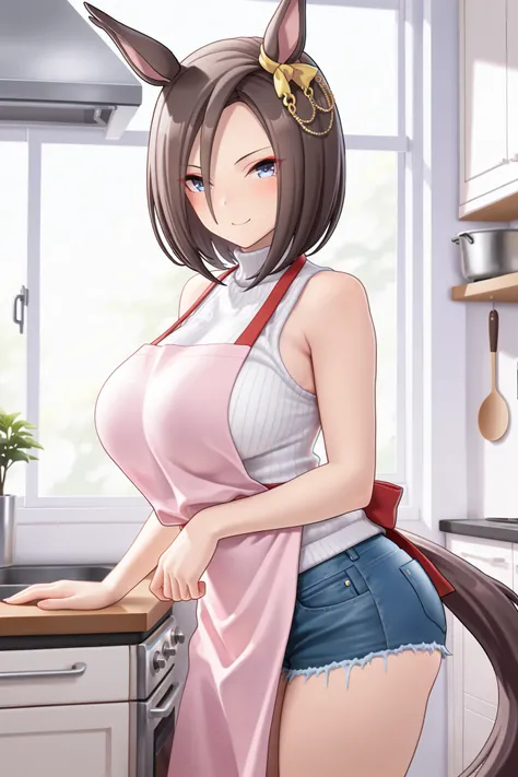 NSFW,masterpiece,Highest quality,high resolution,very detailed,Air Groove (umamusume),turtleneck sweater, sleeveless,denim shorts,apron,Kitchen, Smile