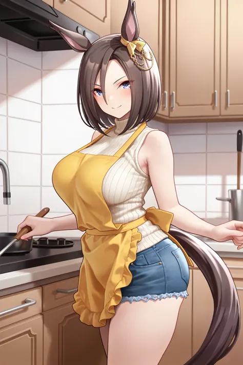 NSFW,masterpiece,Highest quality,high resolution,very detailed,Air Groove (umamusume),turtleneck sweater, sleeveless,denim shorts,apron,Kitchen, Smile