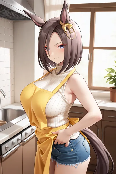 NSFW,masterpiece,Highest quality,high resolution,very detailed,Air Groove (umamusume),turtleneck sweater, sleeveless,denim shorts,apron,Kitchen, Smile