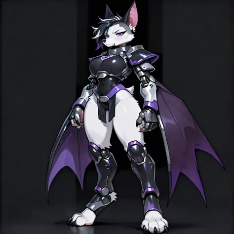 anime style, masterpiece, best quality, simple shading, full body picture, centered, three quarter view, 1girl, anthro, furry, fox female, ((white fox)), ((bat ears:1.5)), purple eyes, white fur, white skin, ((shoulder length black hair with purple highlig...