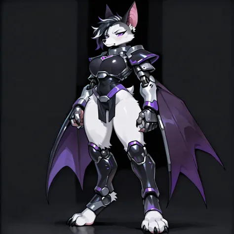 anime style, masterpiece, best quality, simple shading, full body picture, centered, three quarter view, 1girl, anthro, furry, fox female, ((white fox)), ((bat ears:1.5)), purple eyes, white fur, white skin, ((shoulder length black hair with purple highlig...