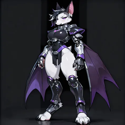 anime style, masterpiece, best quality, simple shading, full body picture, centered, three quarter view, 1girl, anthro, furry, fox female, ((white fox)), ((bat ears:1.5)), purple eyes, white fur, white skin, ((shoulder length black hair with purple highlig...