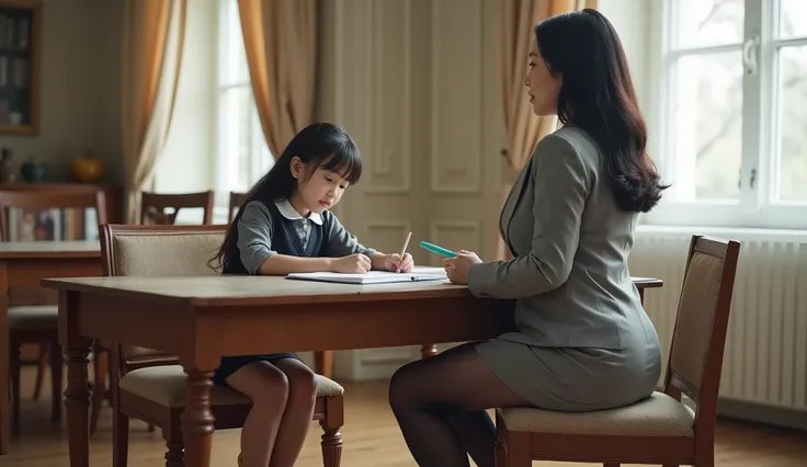 This is a high-definition photo of a distant view taken from the side，in a European-style room，A plump figure，to show your cleavage， is wearing a gray suit，miniskirt，black pantyhose，high heels，Asian middle-aged woman with long black hair tutoring her daugh...