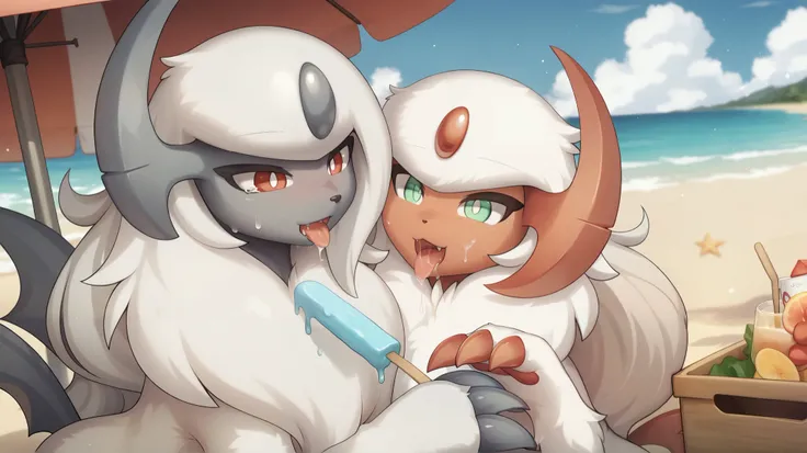 (high quality, High resolution,  Masterpiece), couple, Absol shiny(| White body hair,  light green eyes , light red facial skin, light red claws,  white pupils, Light red horns, through the white,  a lot of hair on her chest|), Absol(| White body hair, red...