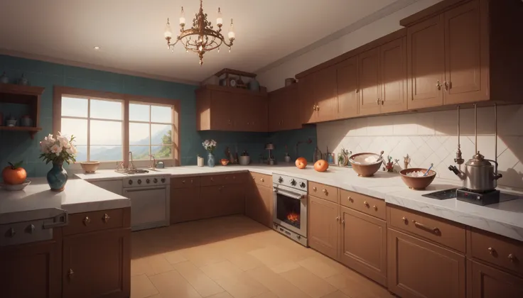 "Smooth, modern化厨房， has simple lines，Smooth appearance .  adding a touch of warmth and personality， makes the room bright and airy,  the countertop is made of marble， the overall ambience is elegant.  the floor is made of a dark material,  the modern penda...