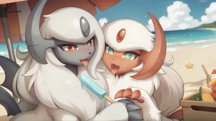 (high quality, High resolution, Masterpiece), couple, Absol shiny(| White body hair, light green eyes , light red facial skin, light red claws, white pupils, Light red horns, through the white, a lot of hair on her chest|), Absol(| White body hair, red...