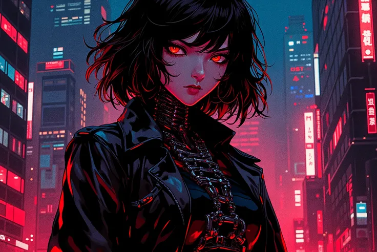 Cyberpunk dark anime girl, exposición y agregar Red lights , apariencia cyborg Dark,short wavy hair, dystopian city background, tokyo, Skyscraper perspective, 90s cam with flash, alt style emo, cyberpunk girl, Dark, cool, Red lights , cyborg samurai, cybor...
