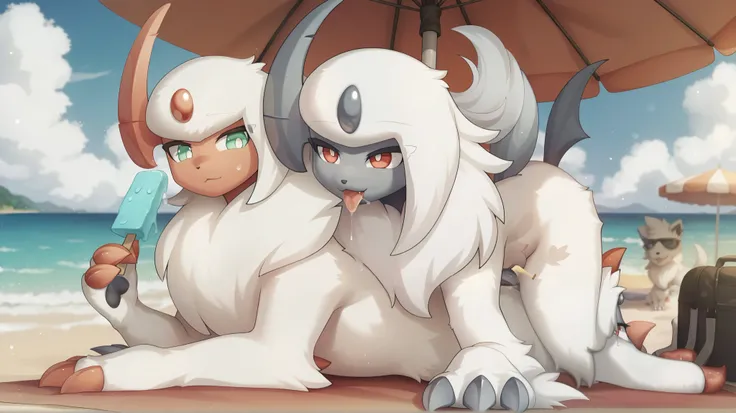 (high quality, High resolution, Masterpiece), couple, Absol shiny(| White body hair, light green eyes, light red facial skin, light red claws, white pupils, Light red horns, through the white, a lot of hair on her chest|), Absol(| White body hair, red e...