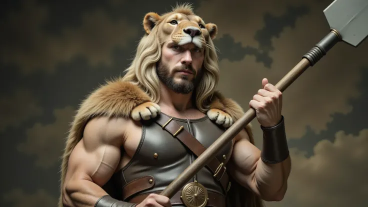"Hercules wearing dark brown leather armor and a lion's fur cloak, with the lion's paws tied around his neck. His helmet is the head of a lion, as seen in classical depictions. He is holding an iron club with both hands.