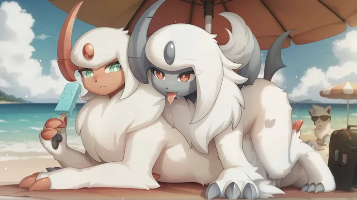 (high quality, High resolution, Masterpiece), couple, Absol shiny(| White body hair, light green eyes, light red facial skin, light red claws, white pupils, Light red horns, through the white, a lot of hair on her chest|), Absol(| White body hair, red e...