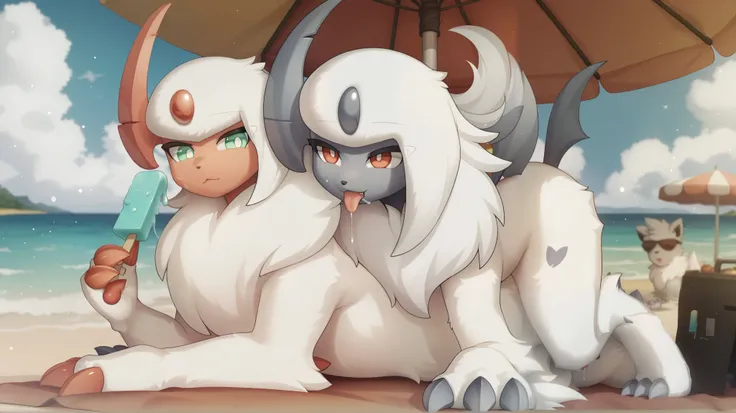 (high quality, High resolution, Masterpiece), couple, Absol shiny(| White body hair, light green eyes, light red facial skin, light red claws, white pupils, Light red horns, through the white, a lot of hair on her chest|), Absol(| White body hair, red e...