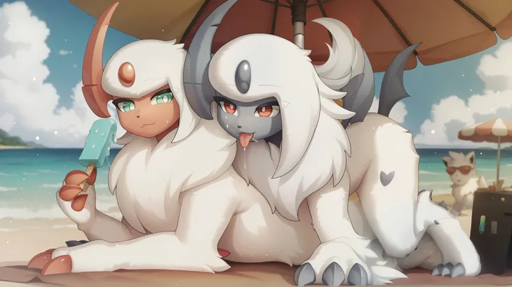 (high quality, High resolution, Masterpiece), couple, Absol shiny(| White body hair, light green eyes, light red facial skin, light red claws, white pupils, Light red horns, through the white, a lot of hair on her chest|), Absol(| White body hair, red e...