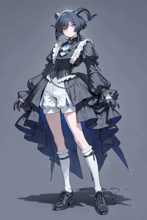 Full body, Male focus,Best Quality, Masterpiece, adult male, (8K, Best Quality, Masterpiece:1.2), Ultra Highres, Intricate Details, Gothic, 1boy, (beautiful face:1.2), frilled shirt, shorts, corset, bondages, simple background, bob hair, puffed sleeves, so...
