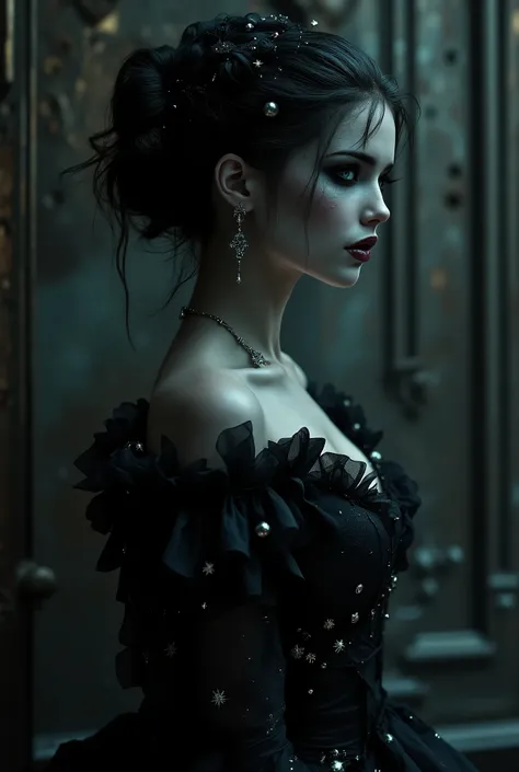 An Award-Winning Masterpiece (photorealistic), photograph, vogue. Victorian Noir: “A Victoria’s Secret model in a Victorian-inspired dress with a dark twist. Her hair is styled in a sleek, mysterious look, and her makeup features celestial darkness with st...