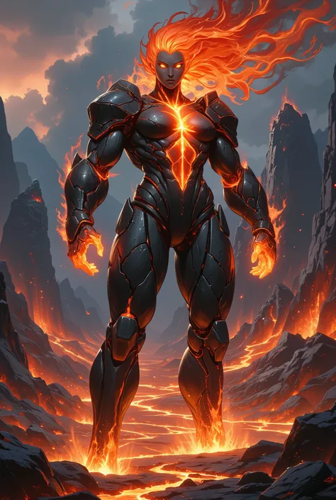 Illustrate a hulking female volcanic golem with a strong muscular physique and an extremely narrow waist, huge breasts. Her body is composed of hardened volcanic rock, dark and cracked, with glowing molten lava visible beneath the surface. The stone is pri...