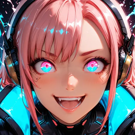 Detailed dynamic anime character with bold, bright neon pink hair styled in edgy spikes, detailed large expressive eyes filled with excitement and energy, detailed wide open-mouthed smile. Character in a high-action pose with detailed speed lines to emphas...